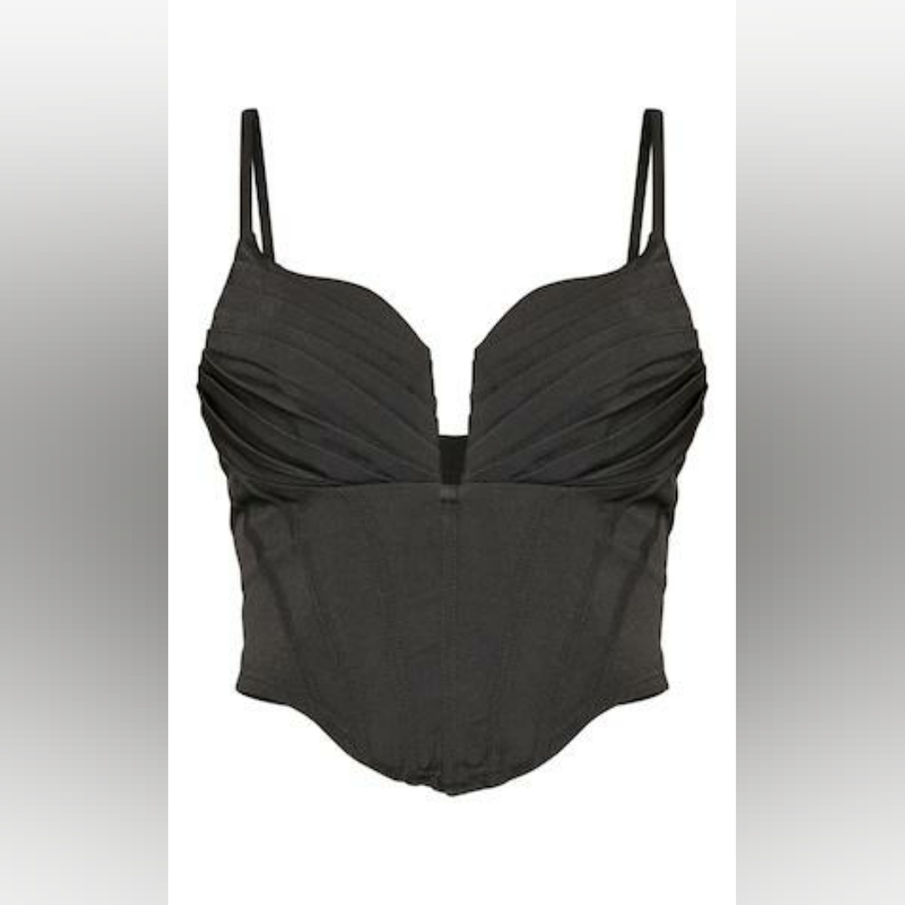 Black Strappy Pleated Bust Corset Detail Crop Top